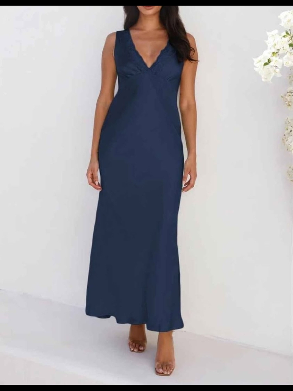 BAGONE Summer Satin Lace V Neck Backless Wedding Guest Maxi dress size XS